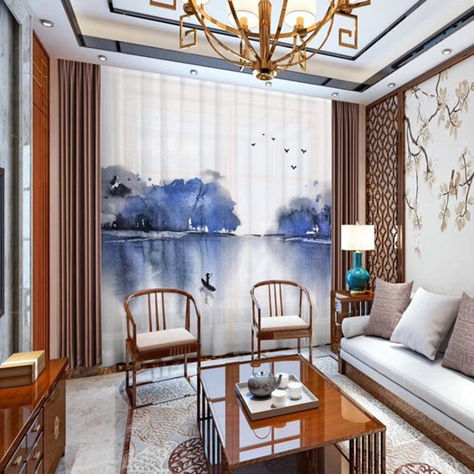 3D Blue Ink Painting Sheer Curtains Decoration 2 Panels Chiffon Sheer for Living Room 30% Shading Rate No Pilling No Fading No off-lining