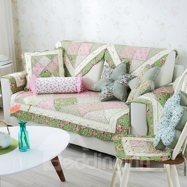 Modern Country Style Splicing Flower Pattern Quilting Seam Cushion Slip Resistant Sofa Covers