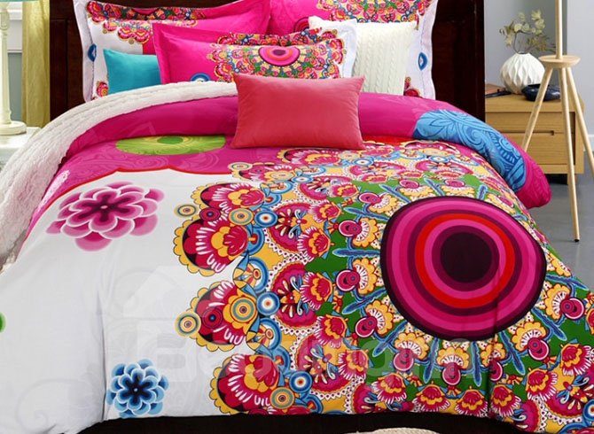 Ethnic Classical Bohemian Flowers Print Boho Mandala Retro Cotton 4-Piece Bedding Sets Duvet Covers with 2 Pillowcases