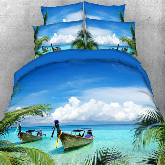 4-Piece Costal Duvet Cover Set with Blue Sea and Fishboat in Blue Sky Print, 1 Duvet Cover 1 Flat Sheet 2 Pillowcases