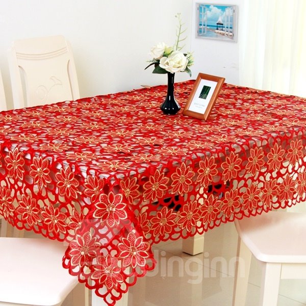 Red Beautiful Flower Pattern Washable Rectangle Dining Room Tablecloth