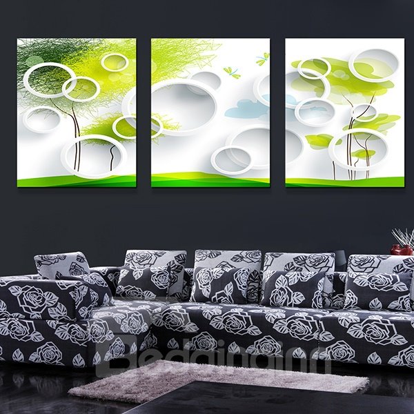 Modern Abstract Bubbles and Trees 3-Panel Canvas Wall Art Prints