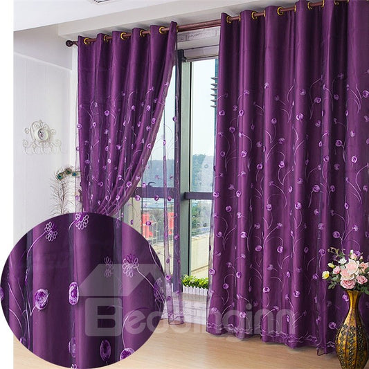 Noble Embroidered Blackout Curtains for Living Room Bedroom Thick Polyester Purple Shading Cloth and Sheer Curtain Set No Pilling No Fading No off-lining