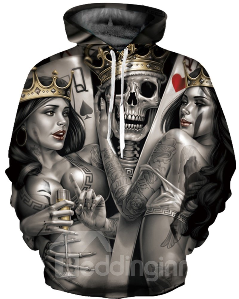 Cool Long Sleeve Skull King with Beauties 3D Painted Hoodie