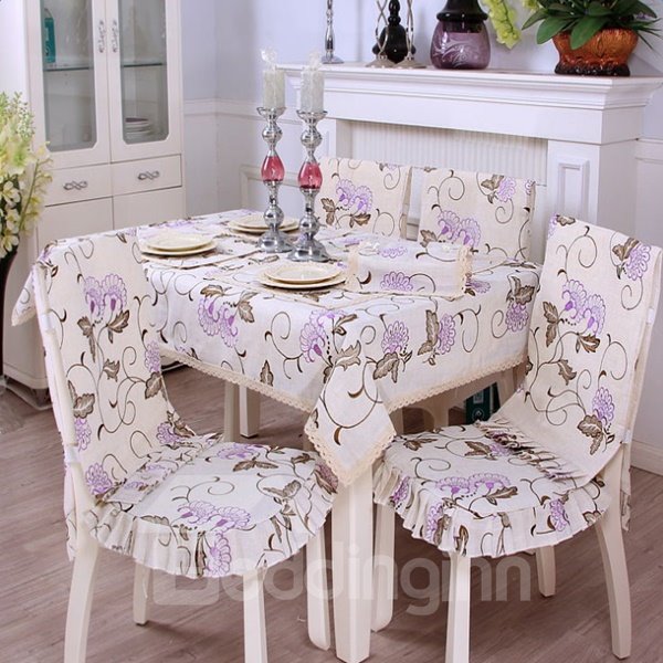 Delicate Polyester Embroidery Purple Flower Dining Room Decoration Tablecloth