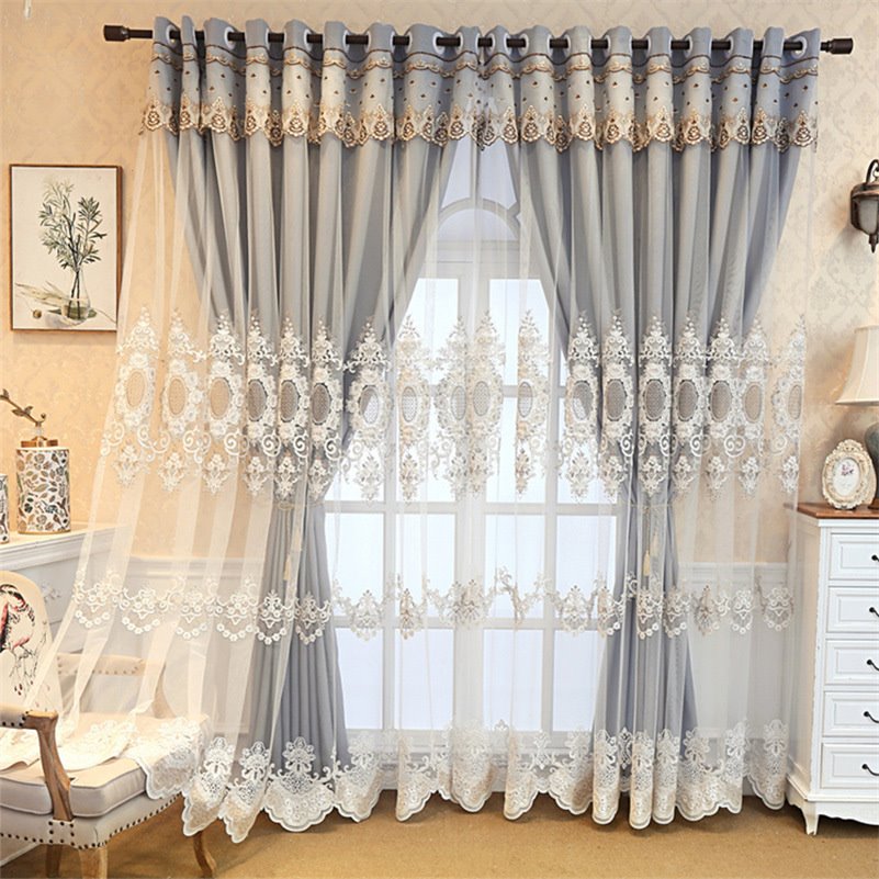 European Linen Window Curtains Double Embroidery Curtain Sets Sheer and Lining Blackout Curtains for Living Room Bedroom Decoration
