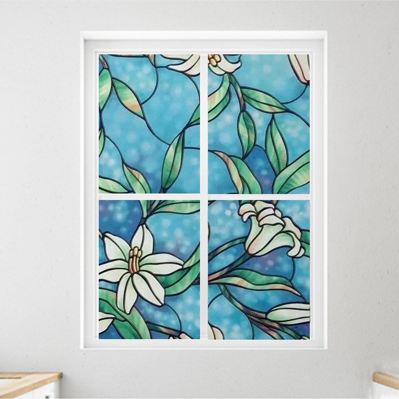 Película de privacidad para ventana floral azul moderna, no adhesiva, estática, control de calor, anti UV, no adhesiva, pegatinas para ventana para puerta de vidrio, hogar, oficina
