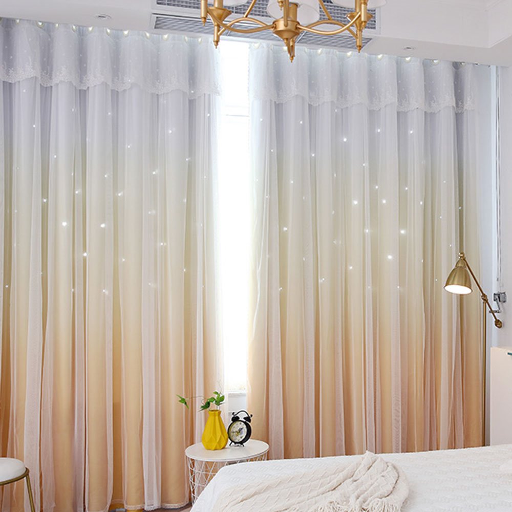 Romantic Princess Color Gradient Star Hollowed-out Custom Blackout Curtain Cloth and Sheer Sewing Together Double Pinch Pleat Curtain