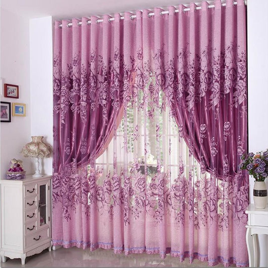 Purple European Window Curtain Set Double Embroidery Curtain Sheer and Lining Blackout Curtains for Living Room Bedroom 2 Panels Drapes Decoration