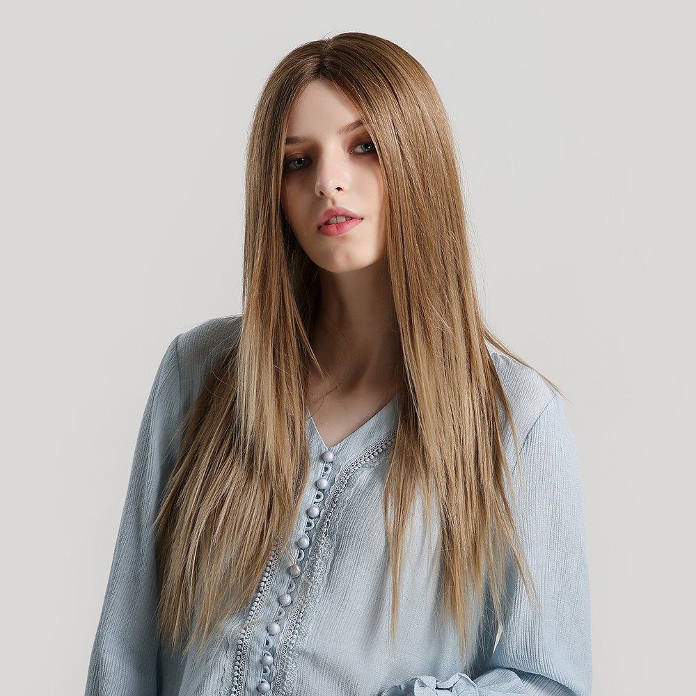 Pelucas de pelo sintético con encaje frontal, rectas, 24 pulgadas, 130% pelucas, resistentes al calor, aspecto natural, pelucas de fiesta diarias, pelucas de Cosplay con flequillo natural con gorro de peluca gratis