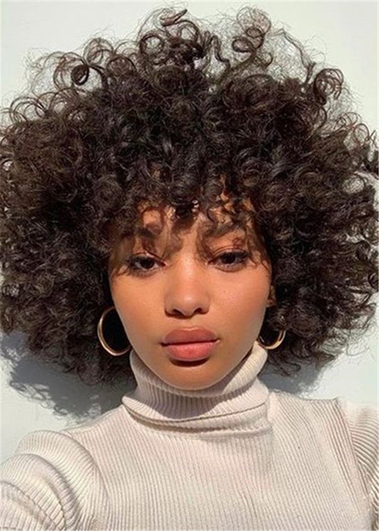 Afro Curly Capless Synthetic Hair 12 Inches 120% Wigs Heat Resistant Natural Looking Daily Party Wigs Cosplay Wigs with Natural Bangs with Free Wig Cap