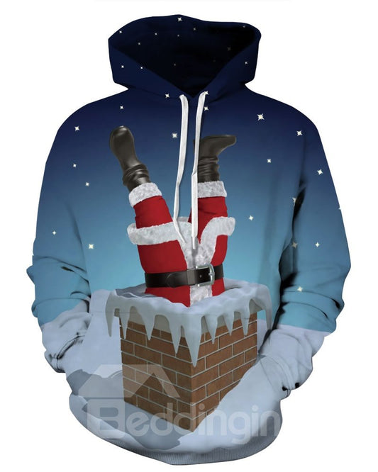 Long Sleeve Santa Falling in Chimney Christmas Pattern 3D Painted Hoodie