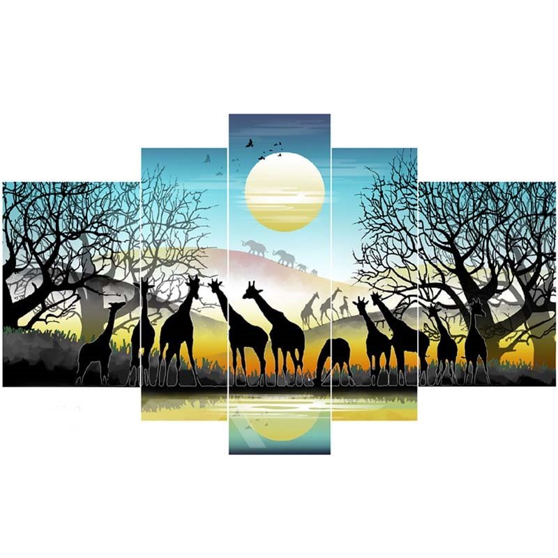 Ciervos en el bosque y cielo lunar, lienzo de 5 piezas colgante, impresiones impermeables sin marco