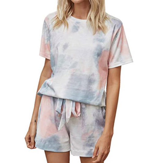 Casual Gray Gradient Lace-Up Round Neck Short Sleeve Women's Pajama Suit Soft Sleepwear Set