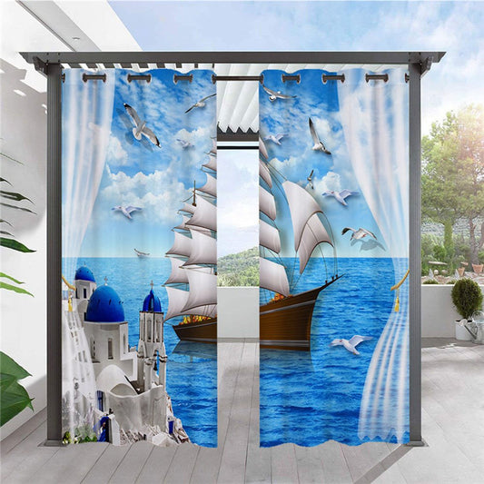 Modern 3D Printed Outdoor Curtains Sea and Ship Landscape Curtain Cabana Grommet Top Curtain Waterproof Sun-proof Heat-insulating 2 Panels