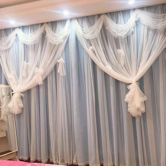 Princess Style Star Hollowed-out Blackout Decorative Curtain Set Cloth and Sheer Sewing Together Custom 2 Panels Drapes for Living Room Bedroom