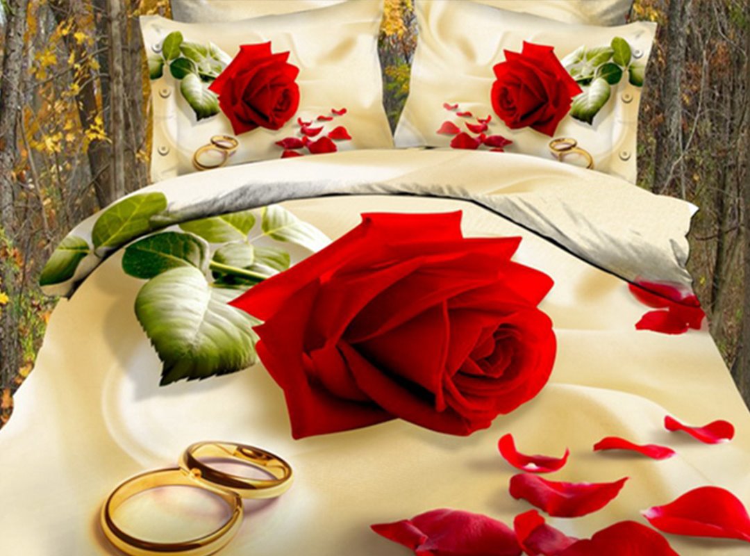 US Only 3D Red Rose Printed 4-Piece Duvet Cover Set Golden Rings Bedding Set All-Season Ultra-soft Microfiber