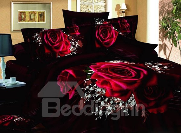 3D Red Roses with Baby Breath Printed Cotton 4-Piece Black Bedding Sets