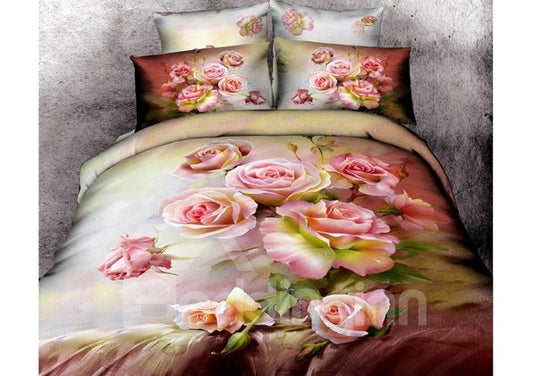 3D Cluster of Pink Roses Printed Cotton 4-Piece Bedding Sets/Duvet Covers