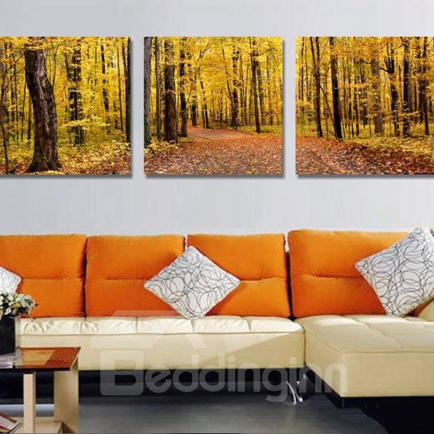 Nueva llegada, hermoso estampado de bosque amarillo, impresiones artísticas de pared de película cruzada de 3 piezas