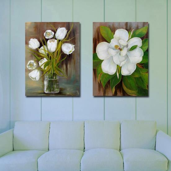 New Arrival Oil-painting Style Beautiful White Flowers Print 2-piece Cross Film Wall Art Prints