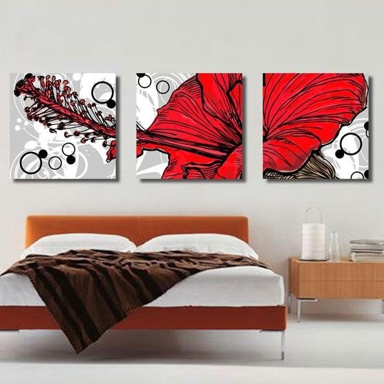 New Arrival Lovely Painting of Red Flower and Stamen Print 3-piece Cross Film Wall Art Prints