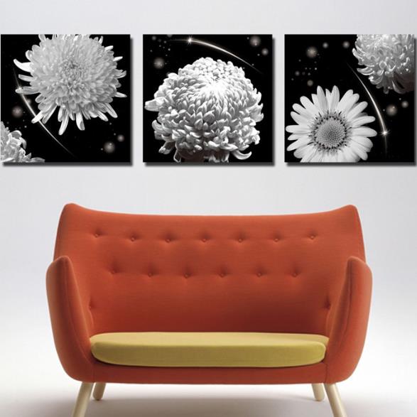 New Arrival Elegant Chrysanthemum Flowers Print 3-piece Cross Film Wall Art Prints