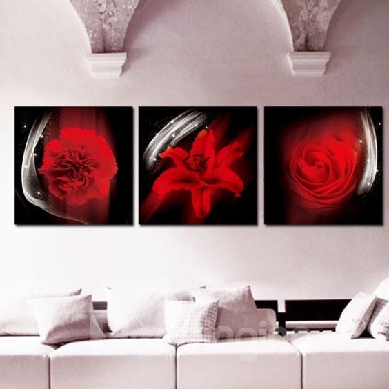 New Arrival Lovely Red Rose and Lily Print 3-piece Cross Film Wall Art Prints