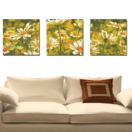New Arrival Beautiful Golden Daisy Flowers Print 3-piece Cross Film Wall Art Prints