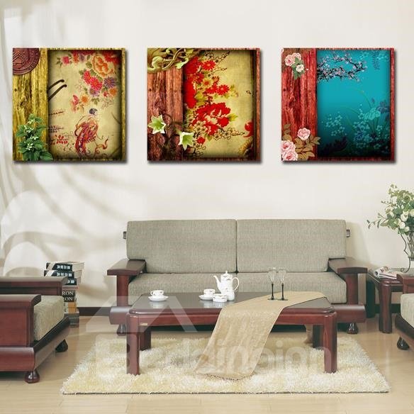 New Arrival Luxurious Colorful Flowers Print 3-piece Cross Film Wall Art Prints