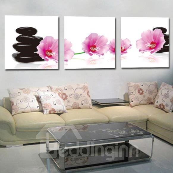 New Arrival Lovely Pink Flowers and Black Cobblestones Print 3-piece Cross Film Wall Art Prints