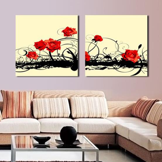 New Arrival Lovely Red Roses Painting Print 2-piece White Cross Film Wall Art Prints
