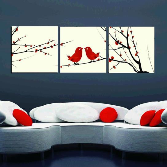 New Arrival Lovely Red Birds Standing on Branches Print 3-piece Cross Film Wall Art Prints