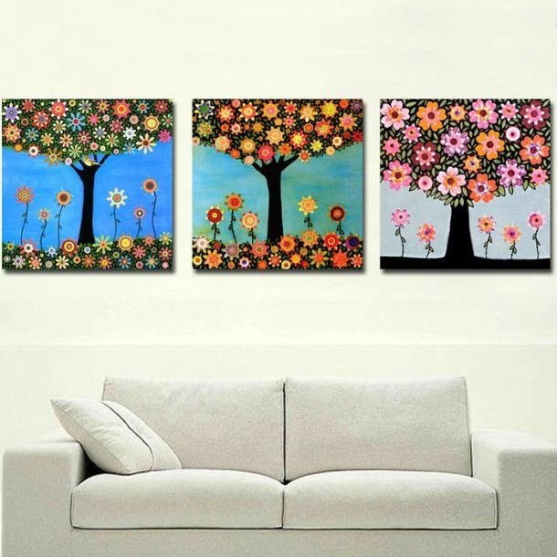 New Arrival Lovely Small Flowers on the Tree Print 3-piece Cross Film Wall Art Prints