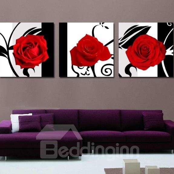 Nueva llegada, hermosas rosas rojas y patrones negros, impresiones de arte de pared de película cruzada de 3 piezas