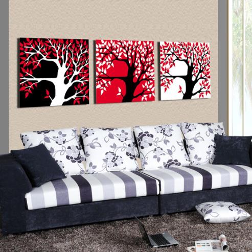 New Arrival Modern Red Black and White Trees Print 3-piece Cross Film Wall Art Prints