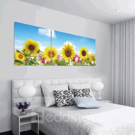 Nueva llegada, preciosos girasoles brillantes y cielo azul, impresiones de arte de pared de película cruzada de 3 piezas