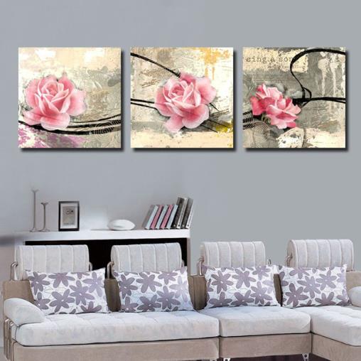 Vintage Style Beautiful Pink Roses Print 3-piece Cross Film Wall Art Prints