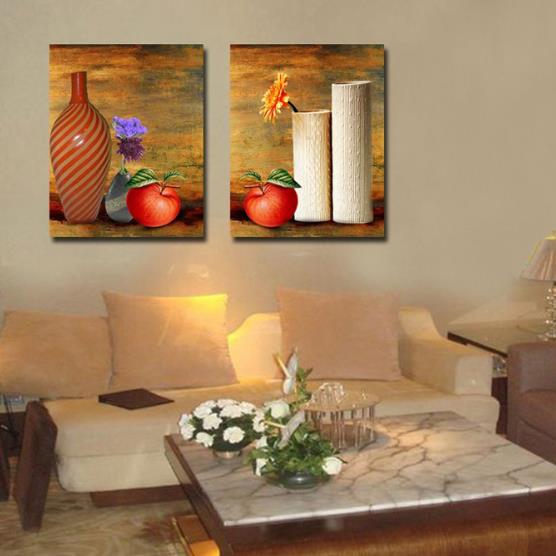 New Arrival Oil-painting Style Lovely Apples and Pottery Print 2-piece Cross Film Wall Art Prints