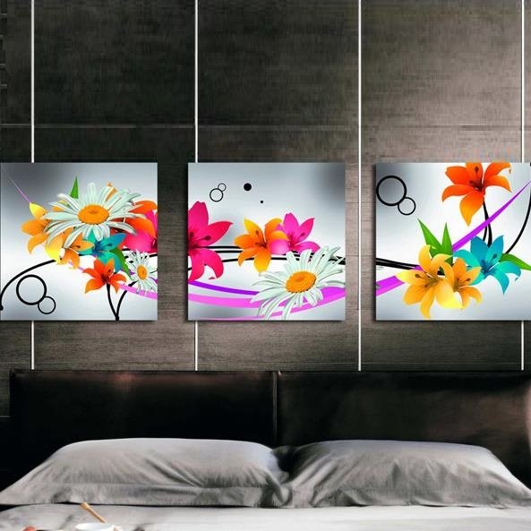 New Arrival Modern Style Colorful Flowers Print 3-piece Cross Film Wall Art Prints