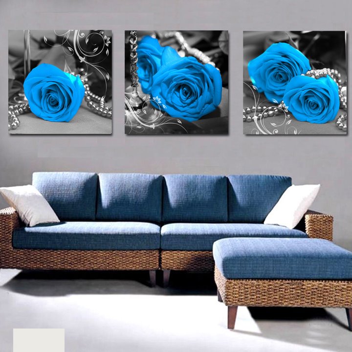 Impresiones artísticas para pared con película de rosas azules y perlas cruzadas elegantes