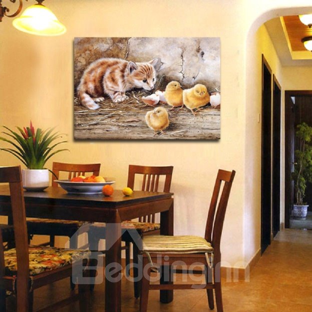 New Arrival Lovely Cat And Three Chicks In The Corner Film Wall Art Prints