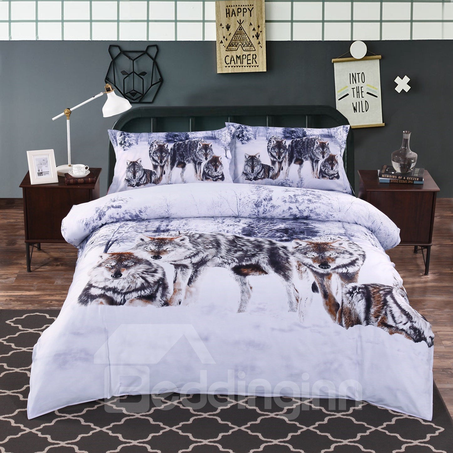 3D Snow Wolf in the Woods Printed 4-Piece Bedding Sets/Duvet Covers Microfiber