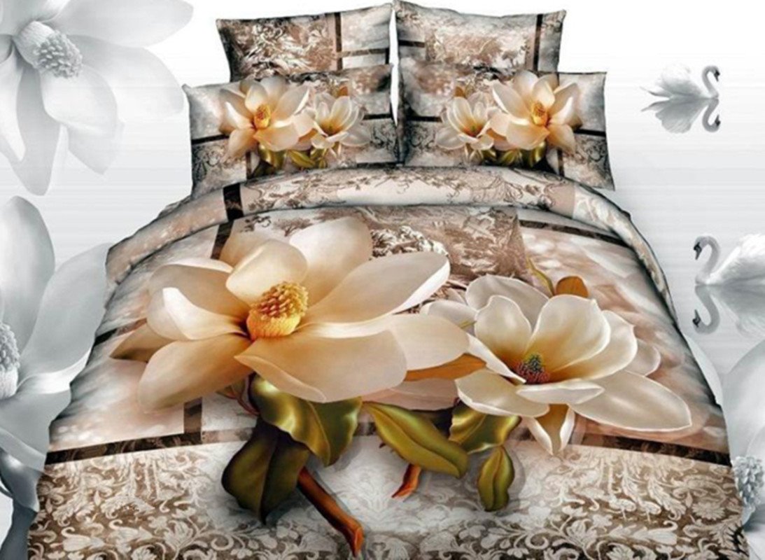 3D Magnolia with Jacobean Printed 4-Piece Bedding Sets/Duvet Covers Microfiber