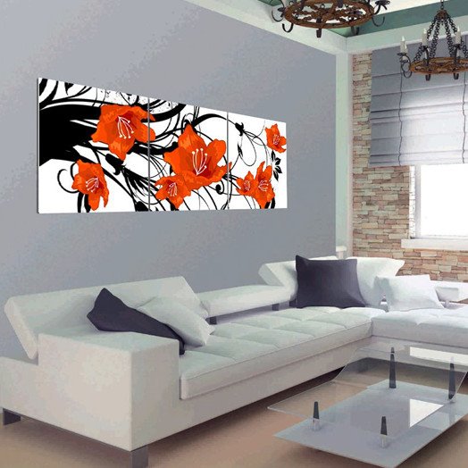 16¡Á16in¡Á3 Panels Red Flowers Printed Hanging Canvas Waterproof and Eco-friendly Framed Prints