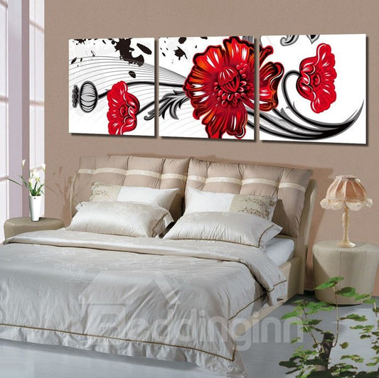 16¡Á16in¡Á3 Panels Red Flowers Hanging Canvas Waterproof and Eco-friendly White Framed Prints