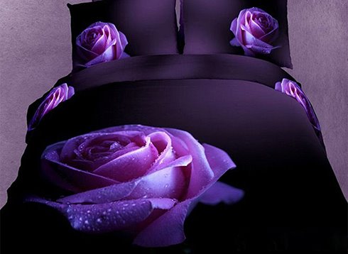 US Only Attractive Dewy Pink Rose 3D Printed Bedding Sets Purple 4-Piece Duvet Cover Sets Colorful Endurable All-Season Ultra-soft Microfiber No-fading