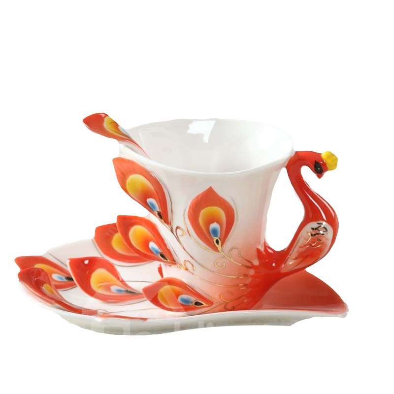 Elegant Peacock Porcelain Enamel Coffee Cup Sets