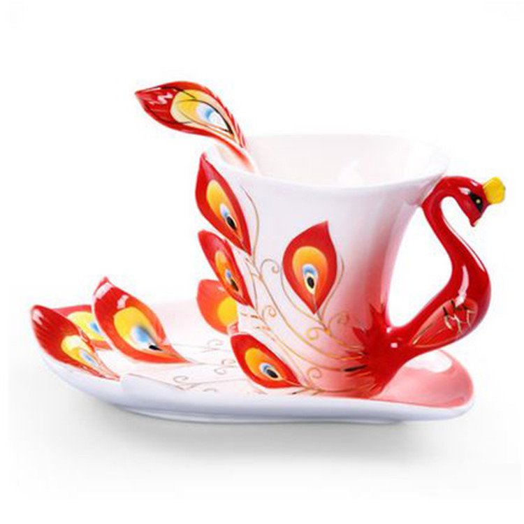 Elegant Peacock Porcelain Enamel Coffee Cup Sets