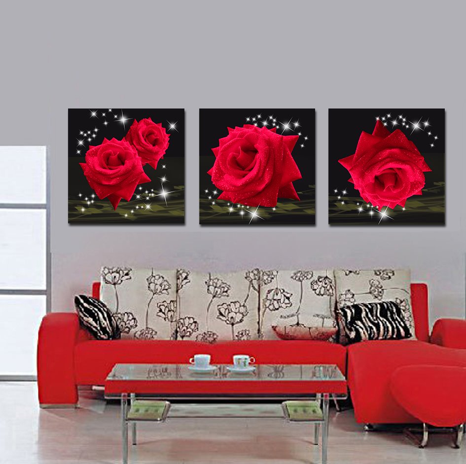 Splendid and Delicay Shiny Red Roses 16*16 in 3 Panel Framed Art Prints